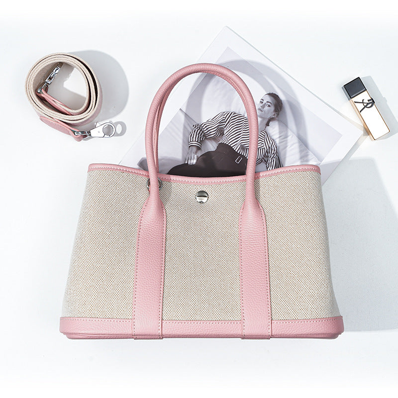 Women's Layer Cowhide Large Capacity Canvas Contrast Color Handbags