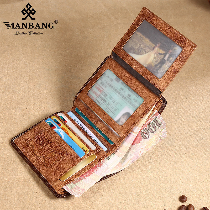 Men's Short First Layer Cowhide Brushed Classic Men's Wallets