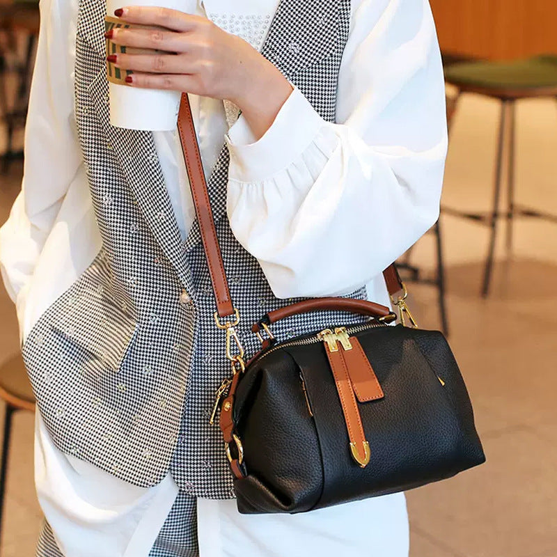 Women's Genuine Leather First Layer Contrast Color Handbags