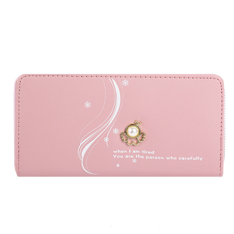 Women's Layer Zipper Long Wrist Clutch Pearl Ladies Wallet