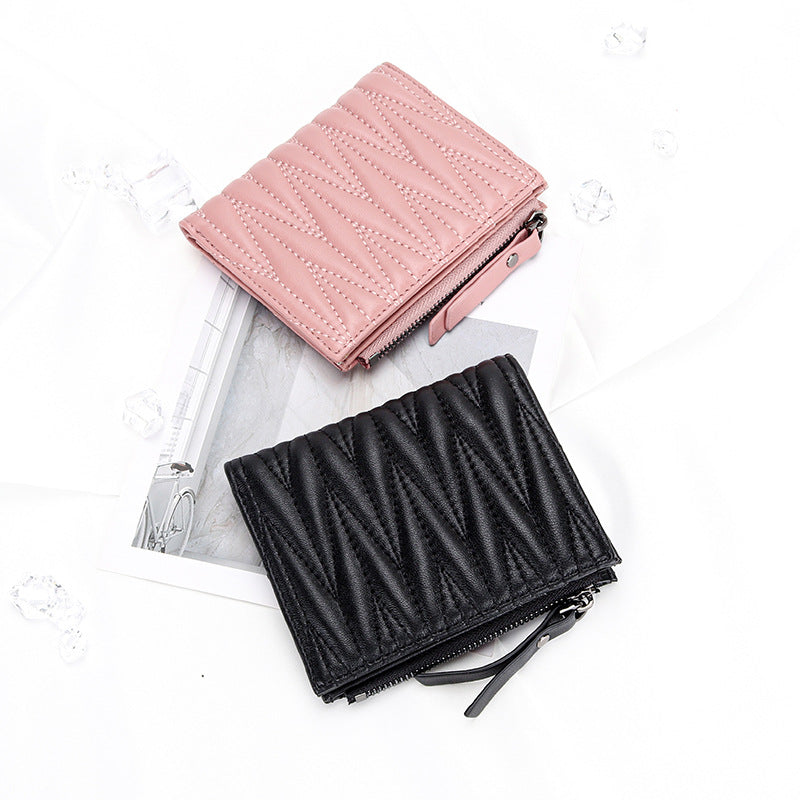 Women's Sheepskin Pleated Vertical Fashion Embroidery Short Purses