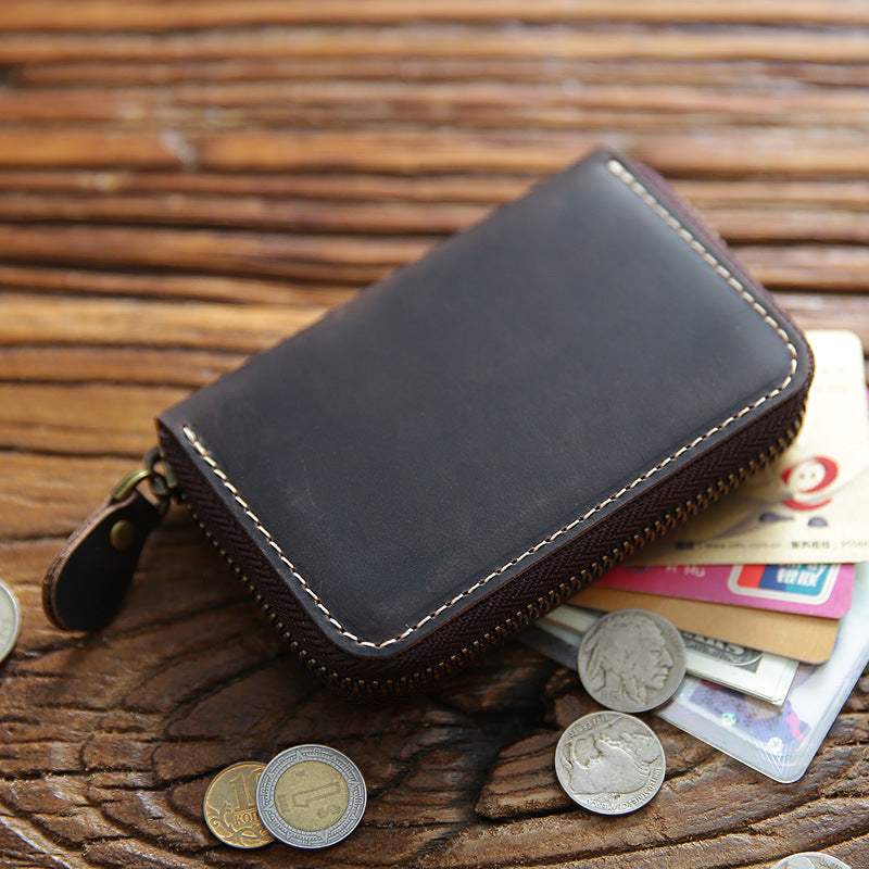 Men's Horse Leather Zipper Genuine Large Capacity Expanding Multiple Card Holder