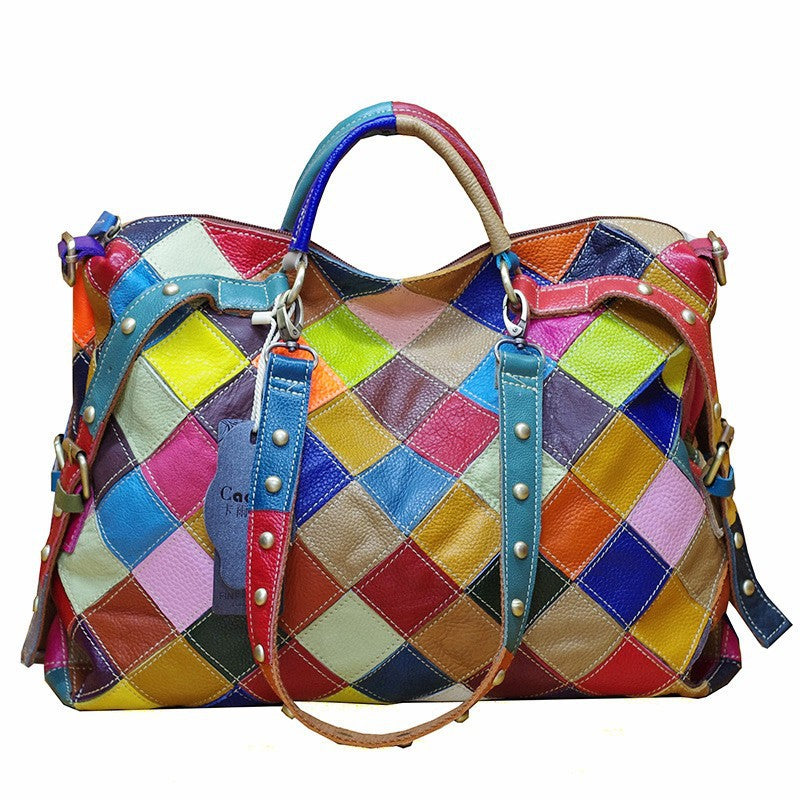 Women's Cowhide Leather Contrast Color Trendy Design Women's Handbag