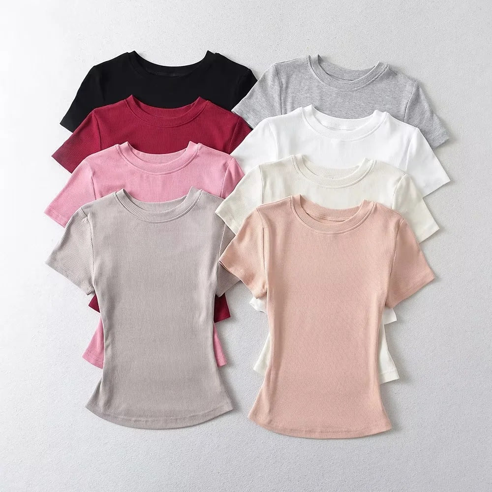 Women's Stretch Round Neck Thread T-shirt Summer High Waist Tight Blouses