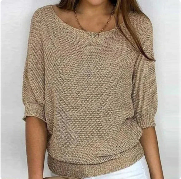 Women's Spring Solid Color Round Neck Commuter Elegant Cropped Sleeves Knitwear