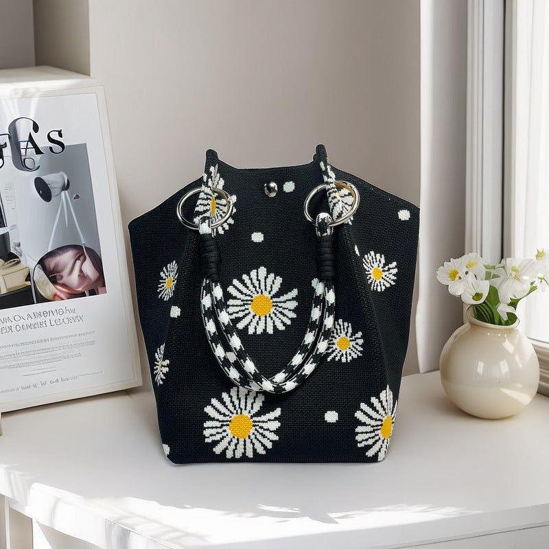 Design Black White Rhombus Knitted Versatile Large Women's Handbag