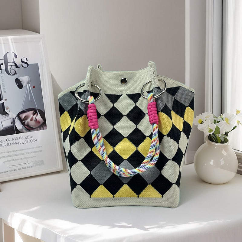 Design Black White Rhombus Knitted Versatile Large Women's Handbag