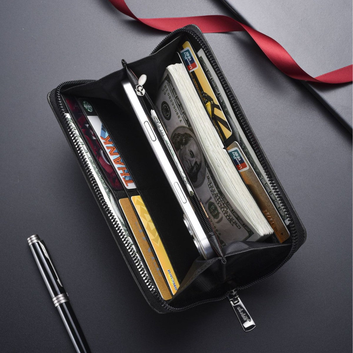 Men's Long Zipper Multiple Slots Leisure Mobile Handbags