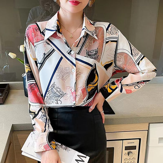Women's Commute Style Fashionable Printed Long-sleeved Chiffon Blouses