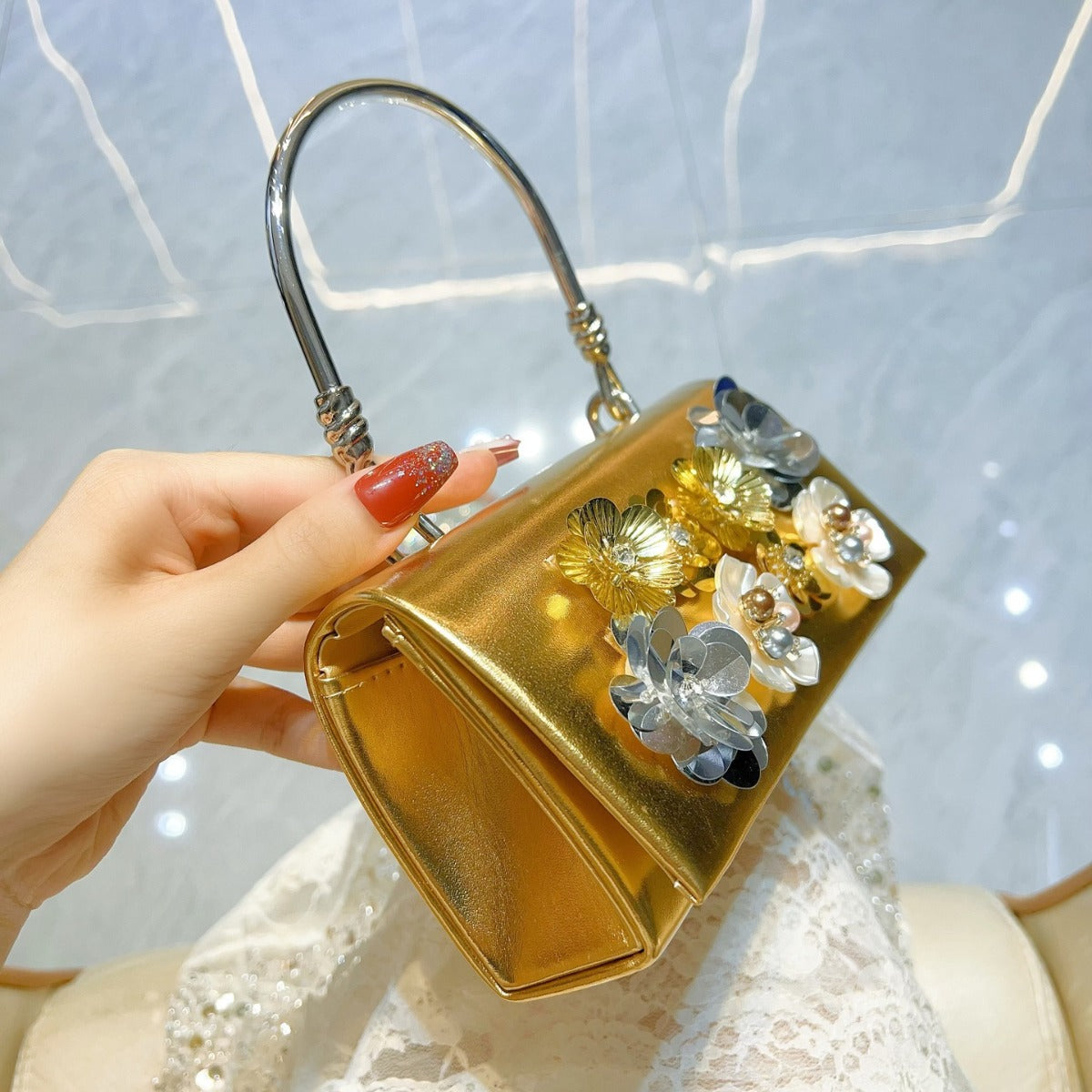 Classic Style Fashion Sequined Flower Banquet Bucket Bags