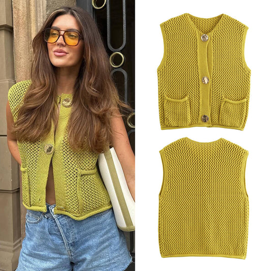 Fashion Crochet Needle Hollow Pure Color Vests