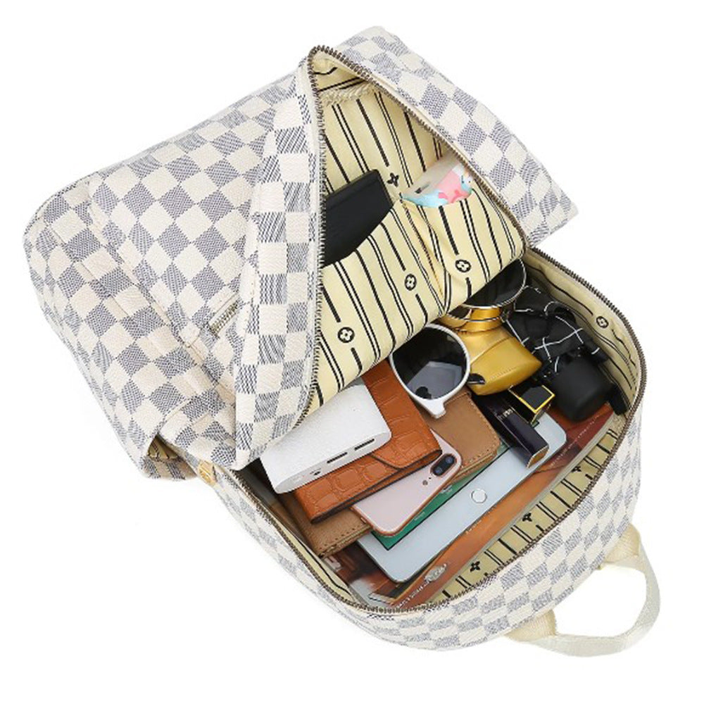 Women's Chessboard Plaid Retro Large Capacity Leather Backpacks