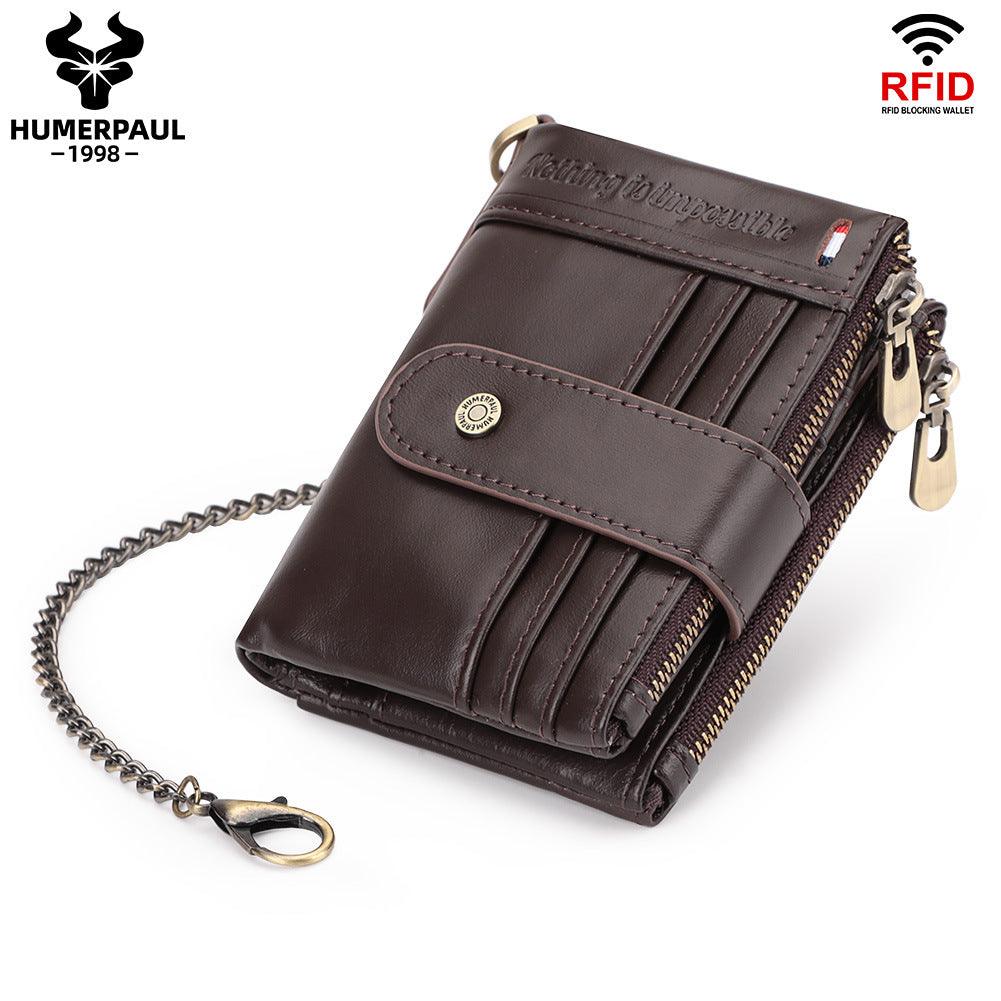 Men's Double Zipper Leather Multiple Slots Crazy Men's Wallets