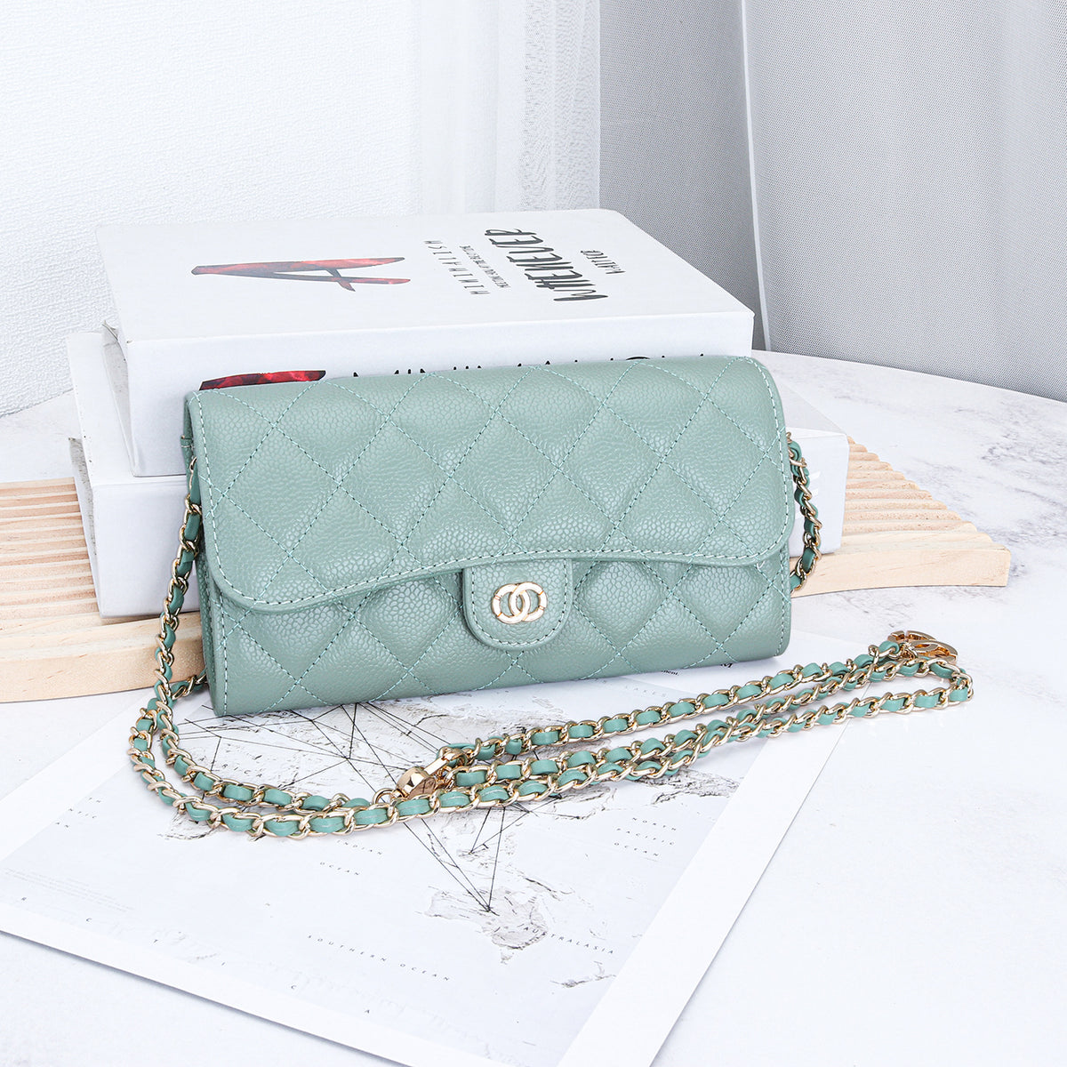 Women's Cowhide Caviar Long Large Capacity Clutch Rhombus Ladies Wallet