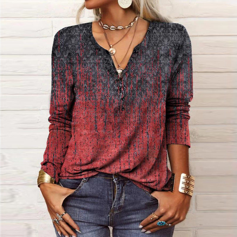 Women's Long-sleeved Printed Ethnic Fashion T-shirt Blouses