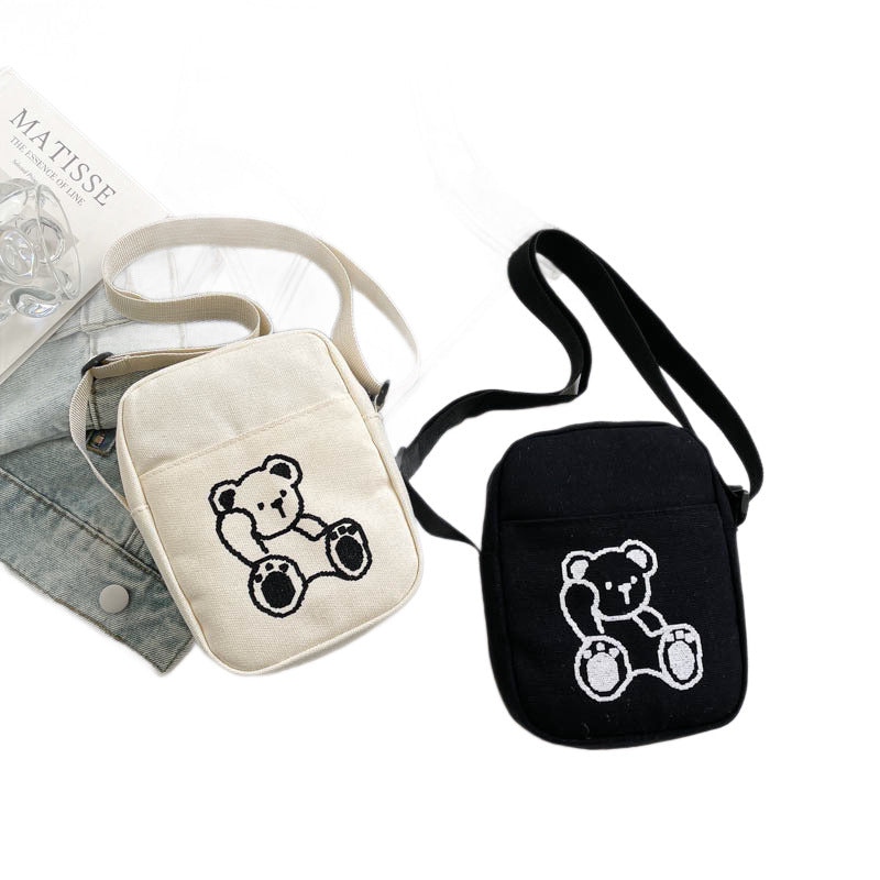 Women's Cute Bear Embroidery Canvas Versatile Women's Shoulder Bag