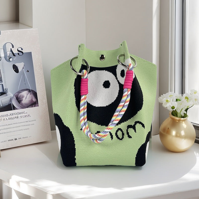 Design Black White Rhombus Knitted Versatile Large Women's Handbag