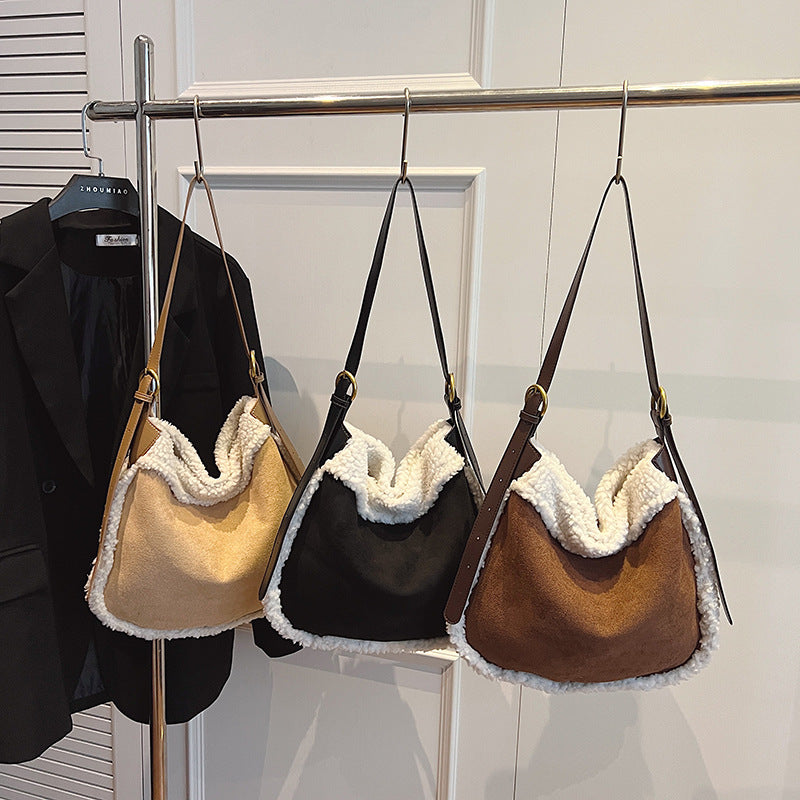 Women's Plush Matte Simple Cute Stitching Pocket Trendy Women's Shoulder Bag