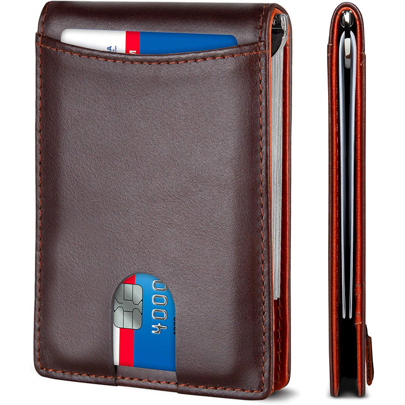 Men's Gold Clip Solid Color Bifold Leather Card Holder