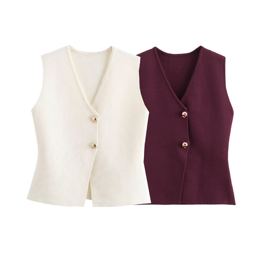 Women's Summer Solid Color Gold Button Decoration Vests