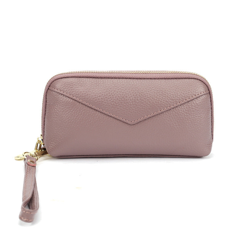 Women's Cowhide Zipper Fashionable Stitching Wire Genuine Leather Clutch Ladies Wallet