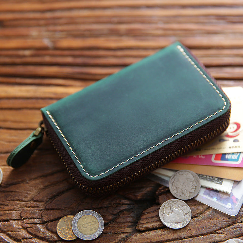 Men's Horse Leather Zipper Genuine Large Capacity Expanding Multiple Card Holder