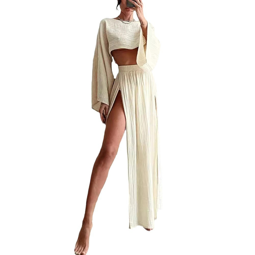 Vacation Linen Blend High Waist Chic Slit Suits