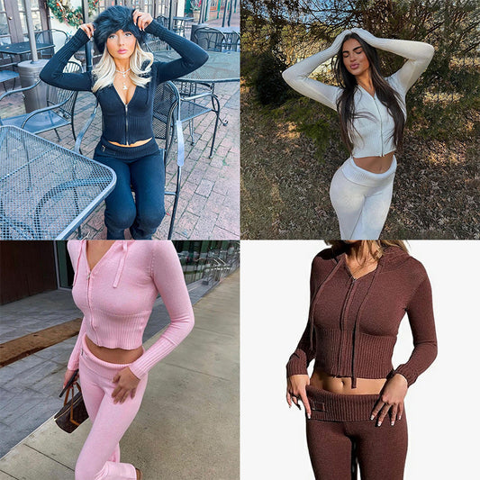 Women's Casual Knitting Hooded Knit Slim Two-piece Pants
