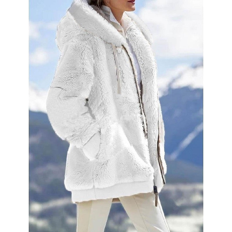 Women's Loose Plush Zipper Hooded For Sweaters