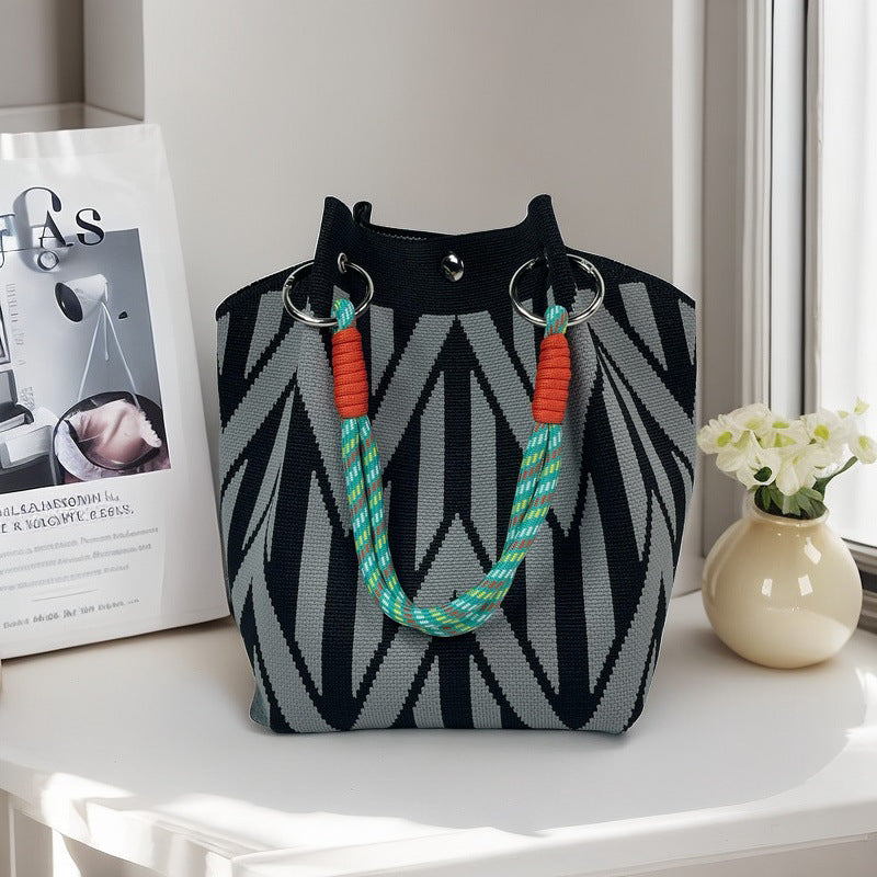 Design Black White Rhombus Knitted Versatile Large Women's Handbag