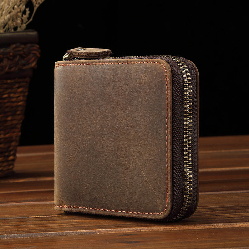 Men's Leather Crazy Horse Broken Sier Multiple Slots Bills Horizontal Storage Men's Wallets