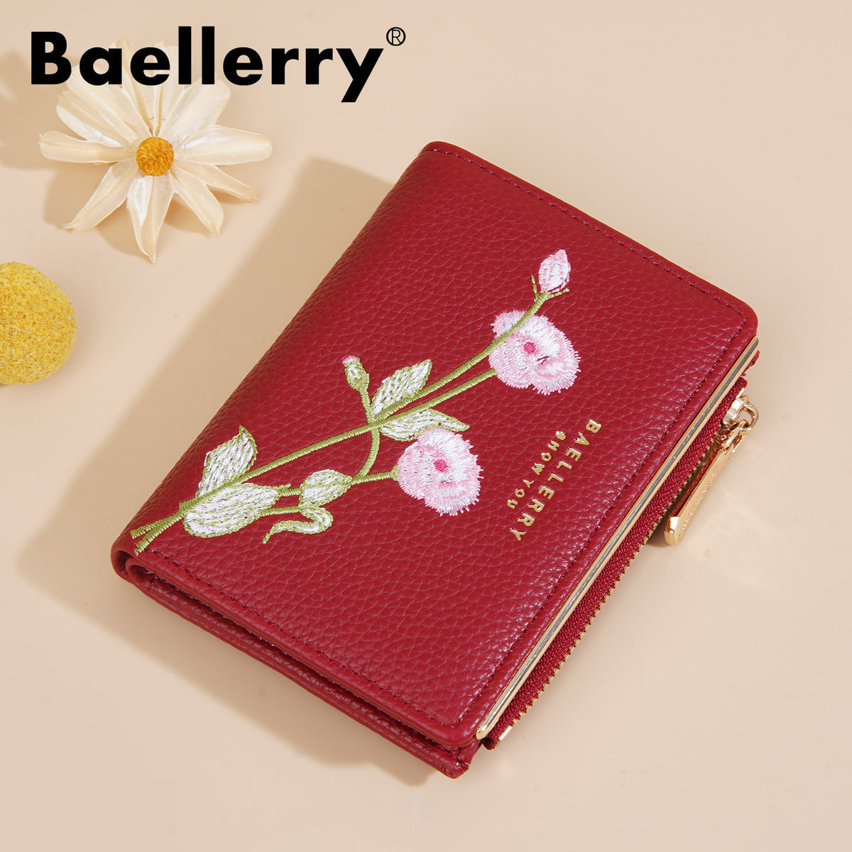 Women's Short Three-dimensional Embroidered Flower Zipper Three-fold High Coin Purses