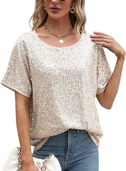 Loose Sequins Oblique Shoulder Sleeve Casual Sequin Tops