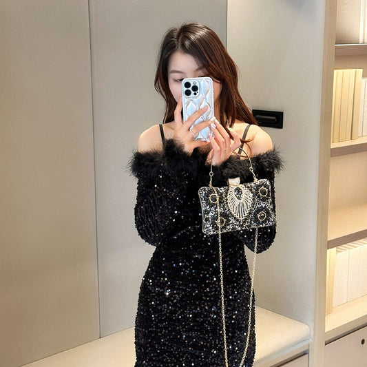Women's Diamond Black Gem Pearl Rhinestone Cheongsam Handbags