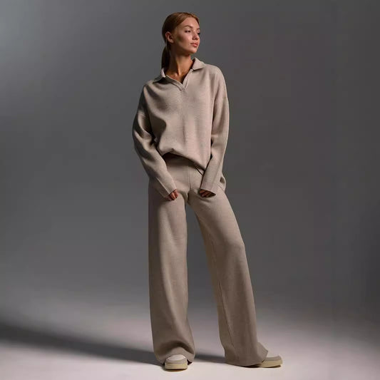 Solid Color Polo Collar Knitted Straight Wide Leg Sweaters