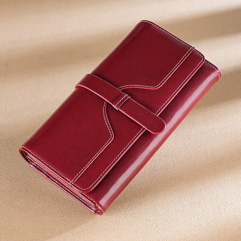 Women's Oil Wax Leather Long Multiple Slots Cowhide Ladies Wallet