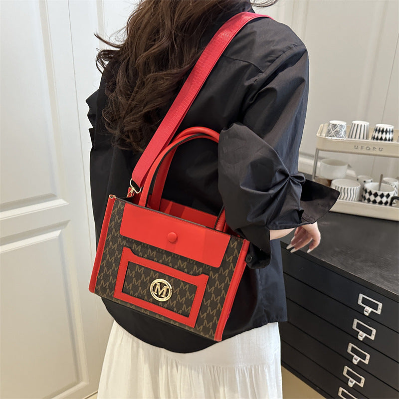 Women's Large Capacity Gilding Letters Western Style Printed Stitching Women's Shoulder Bag