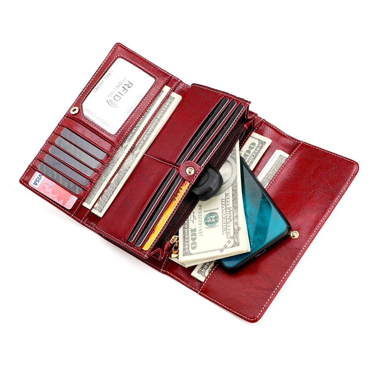 Women's Leather Long Cowhide Large Capacity Multiple Ladies Wallets