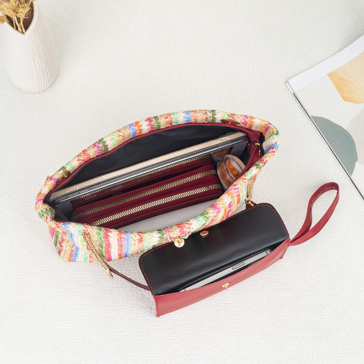 Fresh Sweet Rainbow Knitted Fashion Style Trendy Cat Head Pearl Shoulder Bags