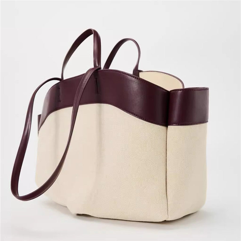 Women's Canvas Fashionable Stitching Large Capacity Commuter Tote Bags