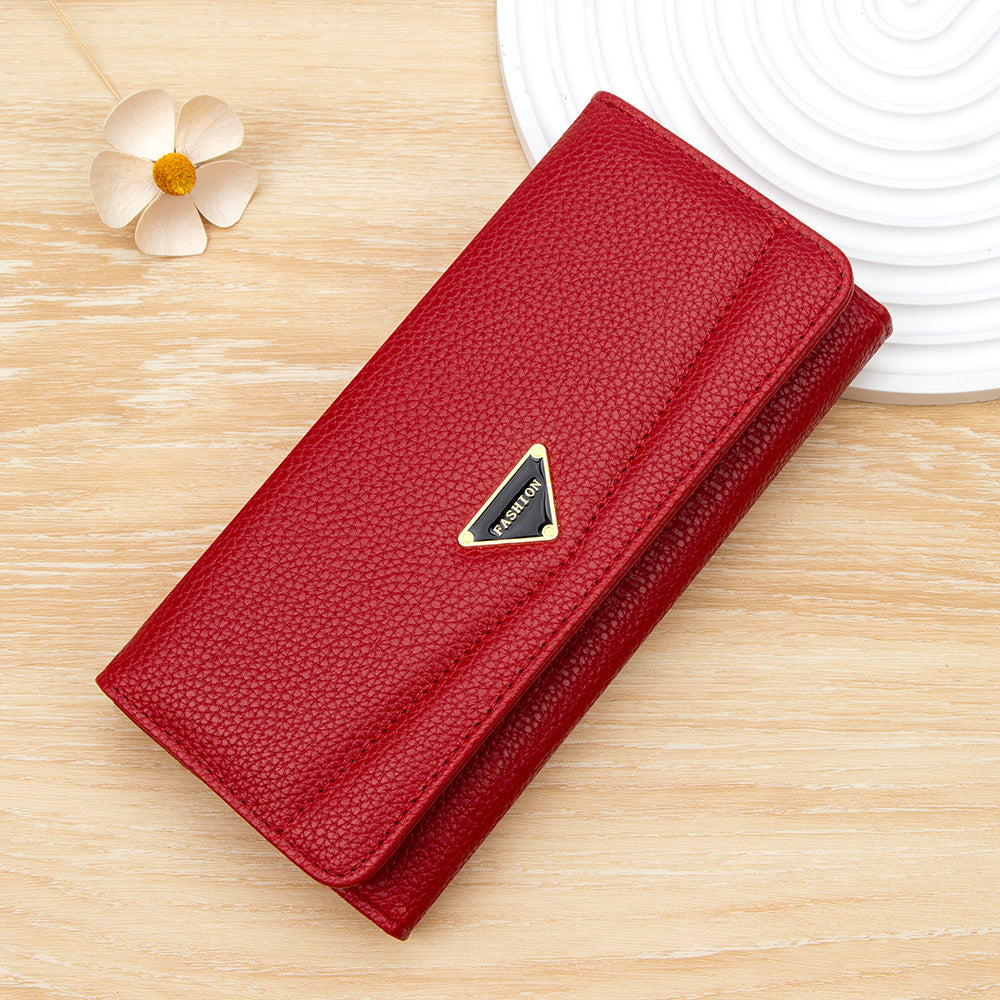 Solid Color Litchi Pattern Long Two Ladies Wallet