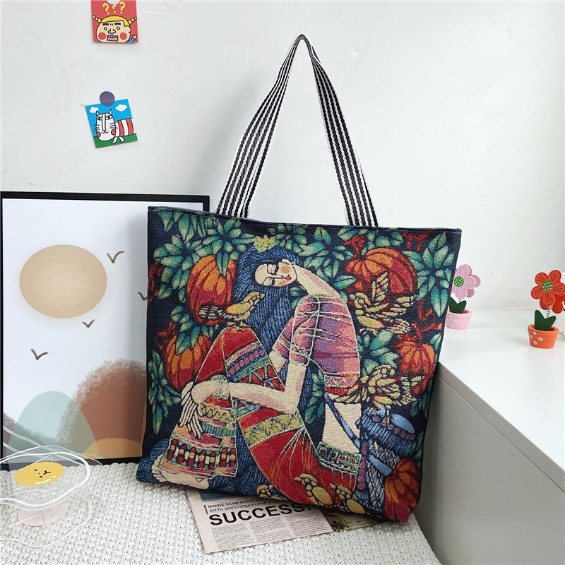 Women's Fashion Canvas Painted Retro Style Portable Tote Bags