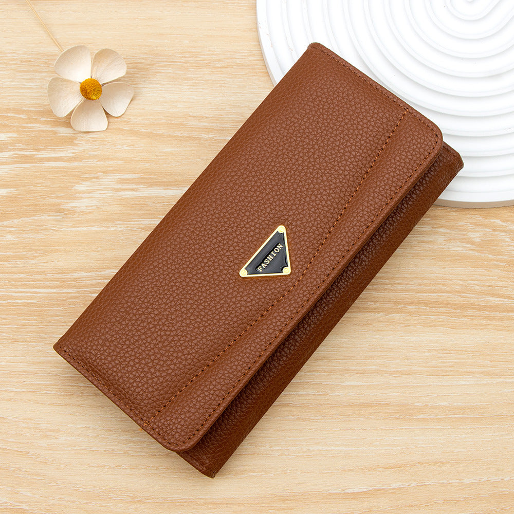 Solid Color Litchi Pattern Long Two Ladies Wallet