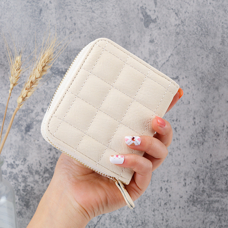 Women's Short Korean Multiple Slots Zipper Hasp Plaid Coin Purses