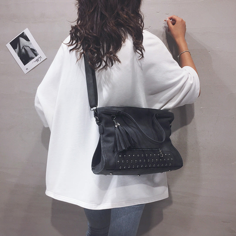 Women's Rivet Tassel Motorcycle Portable Large Women's Shoulder Bag