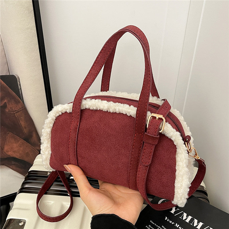 Lamb Wool Patchwork Retro Commuting Fashion Trendy Hand Women's Shoulder Bag