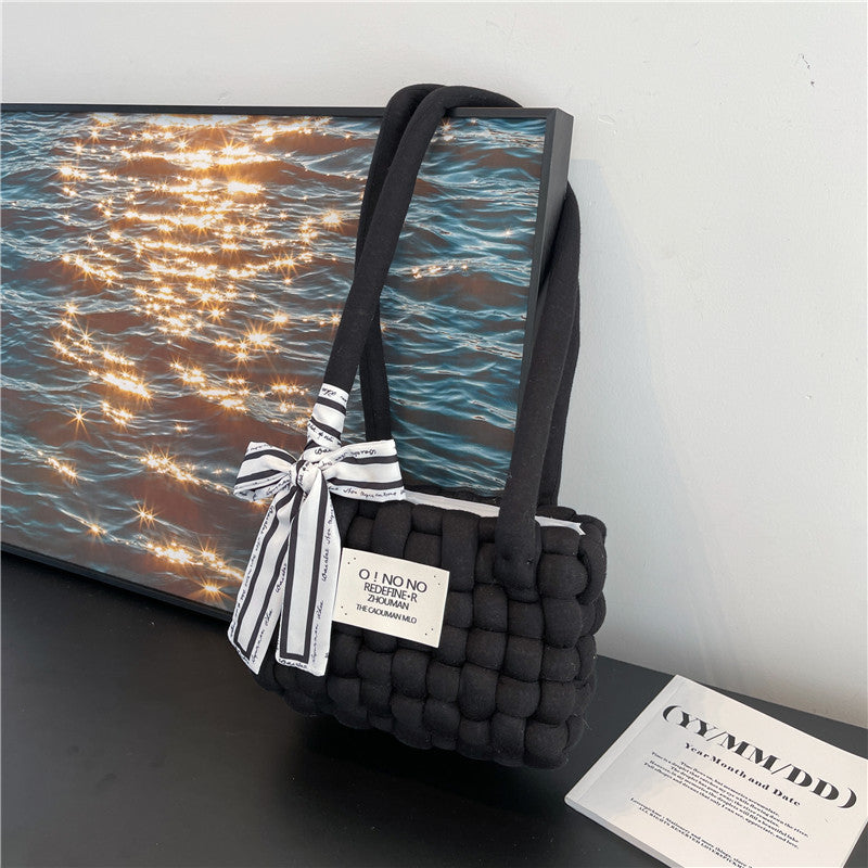 Coarse Yarn Cotton Candy Chessboard Hand-woven Homemade Women's Shoulder Bag