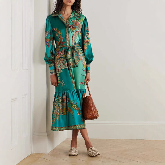 Holiday Lapel Single Placket Lantern Sleeve Dresses