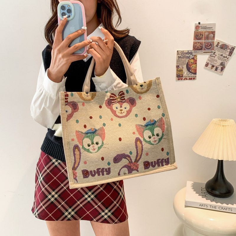 Women's Linen Fresh Cute Printed Canvas Woven Women's Handbag