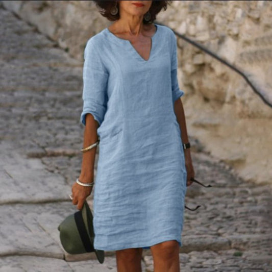 Women's Cotton Linen Solid Color Slim Fit Dresses